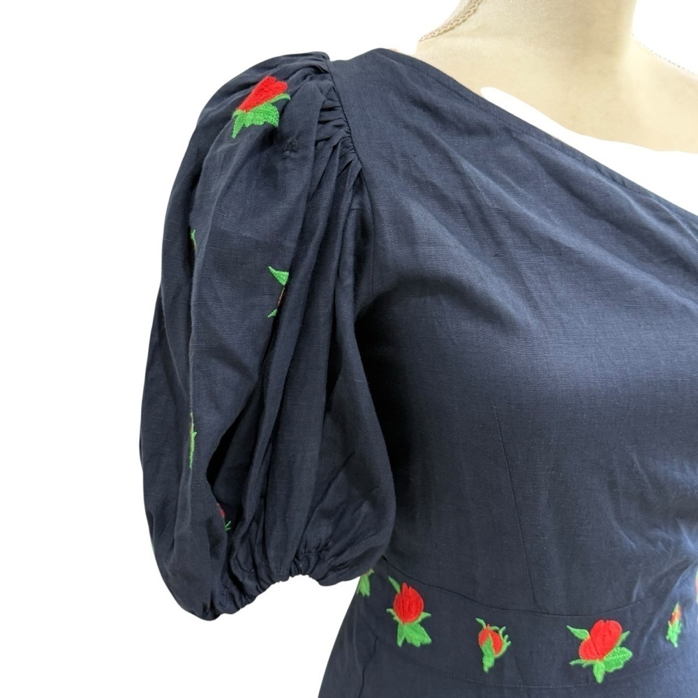 Fanm Mon Navy Flame Linen One Sleeve Ruffle Hem Floral Embroidery Mini Dress NWT - Picture 5 of 15